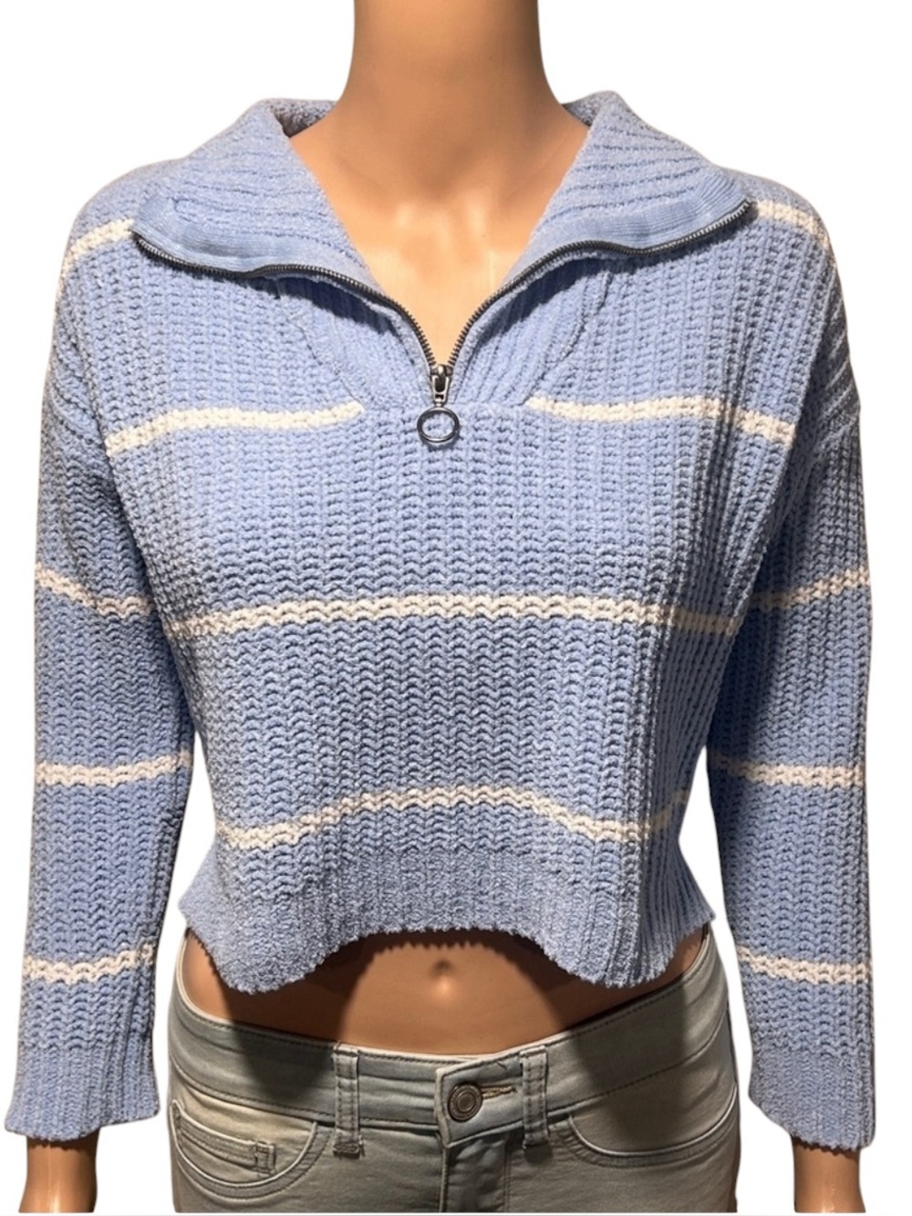 Elegant Blue and White Striped Women's Turtleneck Sweater